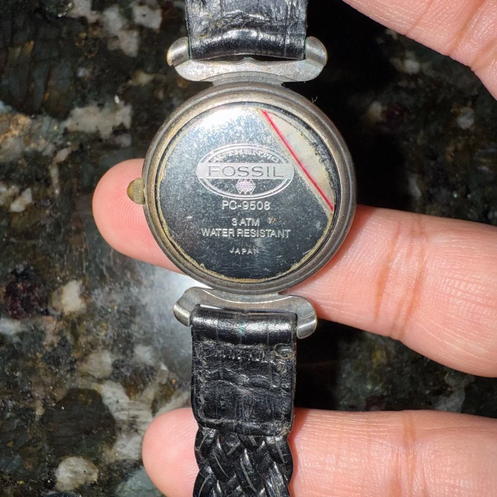 Fossil Watch Womens Stainless Steel Gold Braided Leather Black Strap Green Bezel